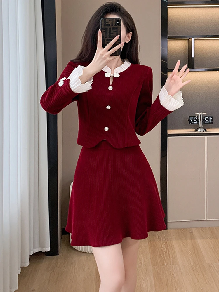 

New Chinese Style Autumn Corduroy Two Piece Set Women Outfit Elegant Bow Pearl Buttons Short Jacket Coat + Mini Skirt Suits