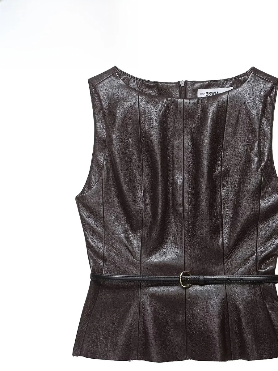 

Женский модный топ ZARK с эффектом кожи и поясом, весенняя новинка, облегающий крой, круглый вырез, из полиэстера, жилет BB7076050