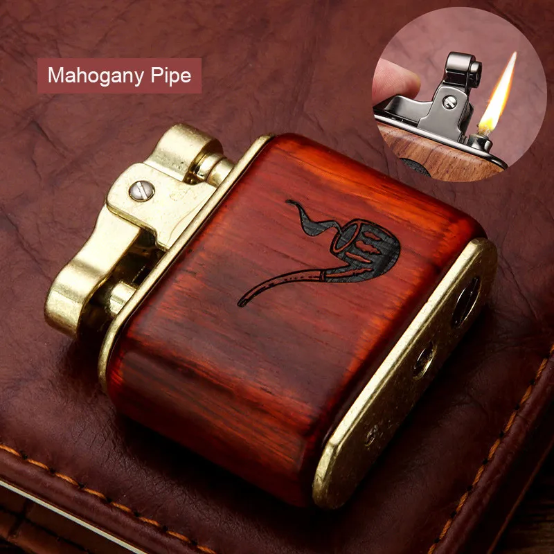 Wooden Shell Laser Engraving Lighter, Retro Nostalgia, One-key Press Grinding Wheel Ignition, Cigarette Accessories, Oil Machine
