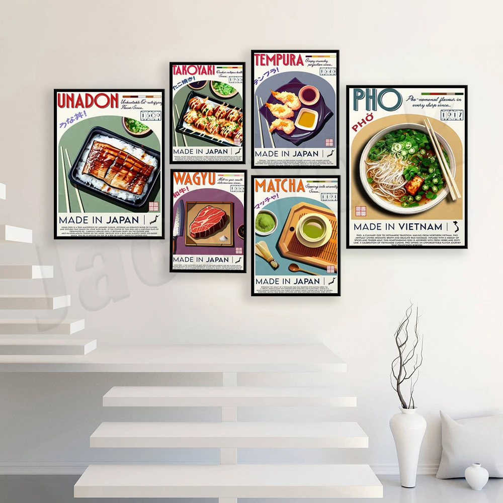 Vietnamese pho, Korean kimchi, Japanese food, sashimi, matcha, wagyu, tempura, takoyaki, sashimi, eel rice, mochi food poster