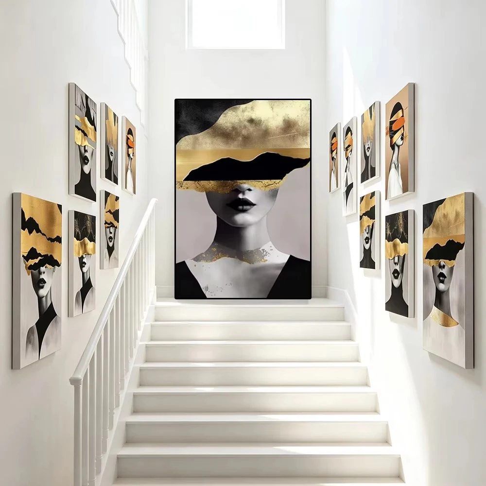 Gold-Schwarzes Porträt einer Frau, Poster, abstrakte, moderne Figur, Kopfdruck, Leinwandbild, Wandkunst für Zimmer, Heimdekoration – Detail 4