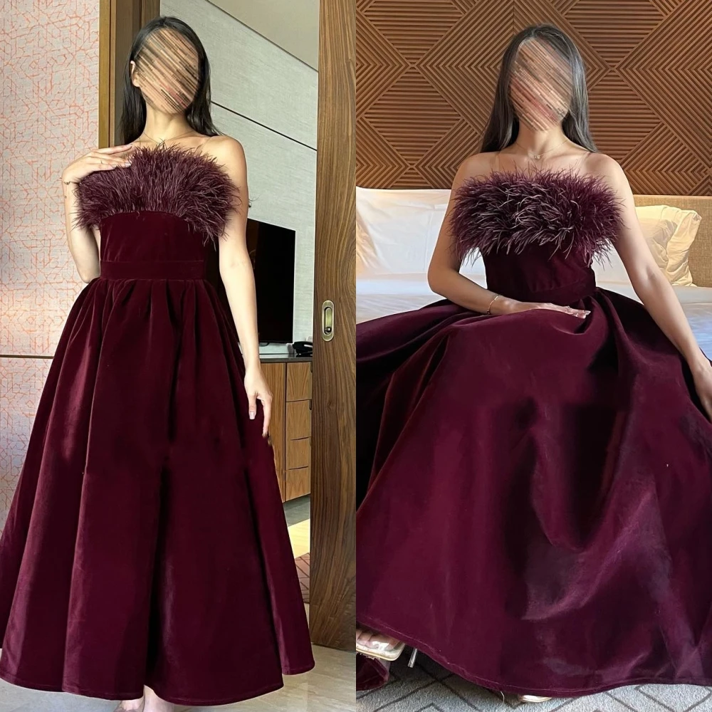 Personalizado elegante baile de formatura casual sem alças vestido de baile formal ocasião vestido drapeado penas anke comprimento saias charmeuse vestido