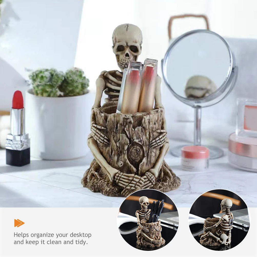 

Skull Pen Holder Stationery Organizer Halloween Desktop Container Makeup Brush for