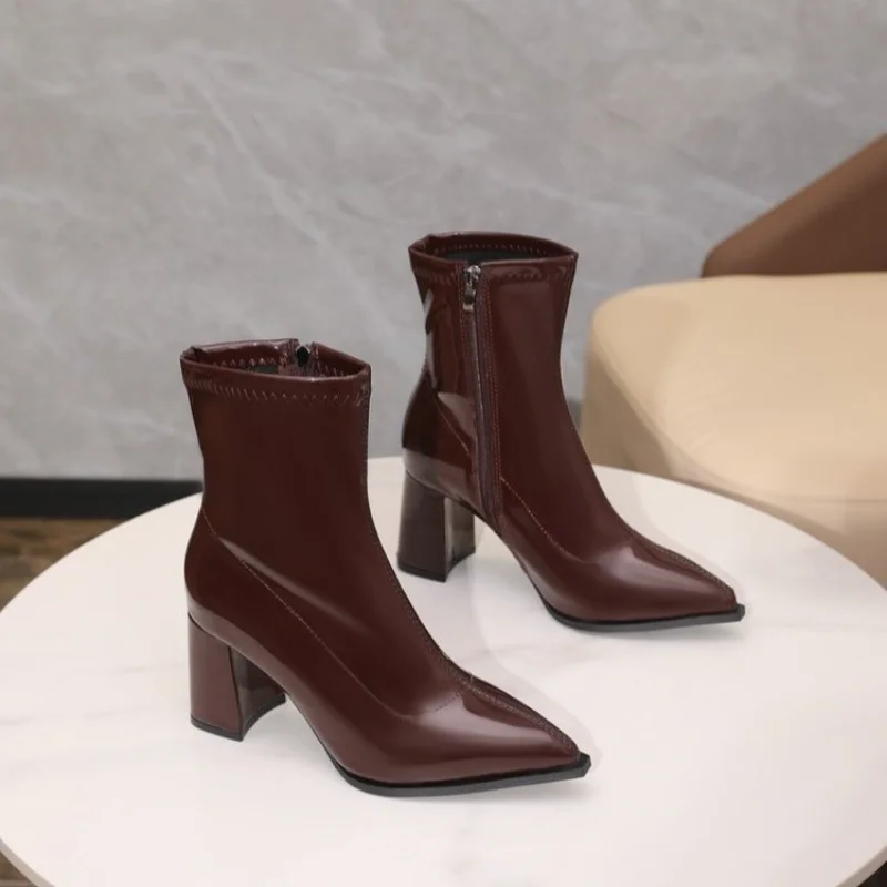 

Pointed Toe High Heels Women Ankle Boots Fashion Elegant Soft Leather Side Zipper Shoes Thick Heel Women's Modern Short Boots