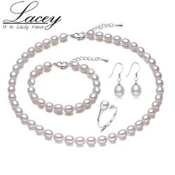 Real Bridal Freshwater Pearl Jewelry Sets Women,White Natural Pearl Necklace Earring Sets 925 Silver Birthday