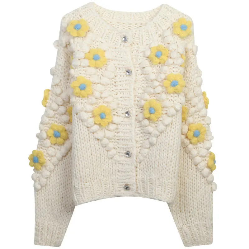 

Весенне-осенний новый свитер с круглым вырезом, свободного кроя, с длинными рукавами, толстая кофта, женская, в стиле lazy style, с милым цветочным узором, вязаная.