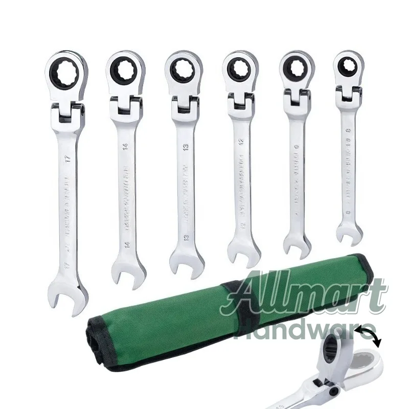 6-Piece Flexible Head Ratchet Wrench Set,Combination Open-End Box-End 72-Tooth,Auto Repair Maintenance Tool Kit