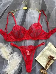 Red Sexy Body Lingerie Woman Lace Transparent Underwear Fairy Embroidery Brief Sets Delicate Bra Panties Kits Erotic Breves Sets