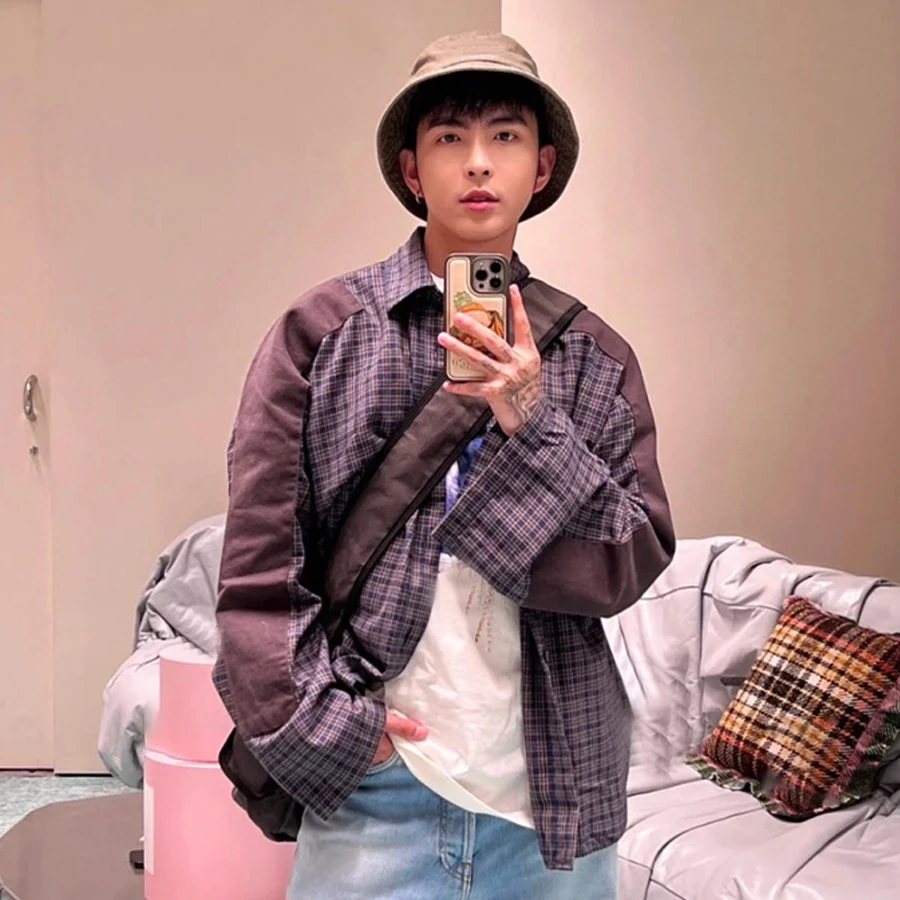 Nigo-男性用ボタンダウンコットンシャツ,無地のパッチワークチェックシャツ,シングルブレスト,春と秋,ngvp,nigo9173