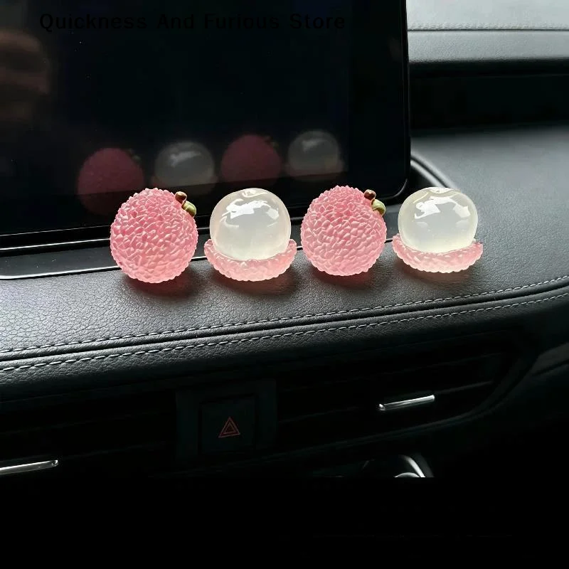 【MO】4Pcs Cute Fruits Decoration Car Ornament Screen Fake Lychee Orange Shaped Auto Center Console Ornaments For Girls Gifts