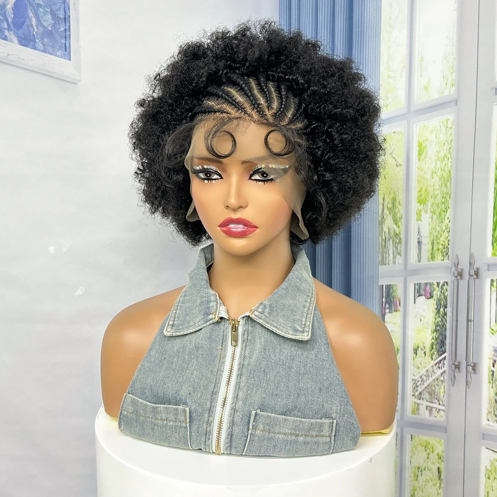 Short Synthetic Cornrow Braided Wigs 6 Inches Kinky Curly Afro Braided Wigs Lace Frontal Braiding Wigs for Women with Baby Hair