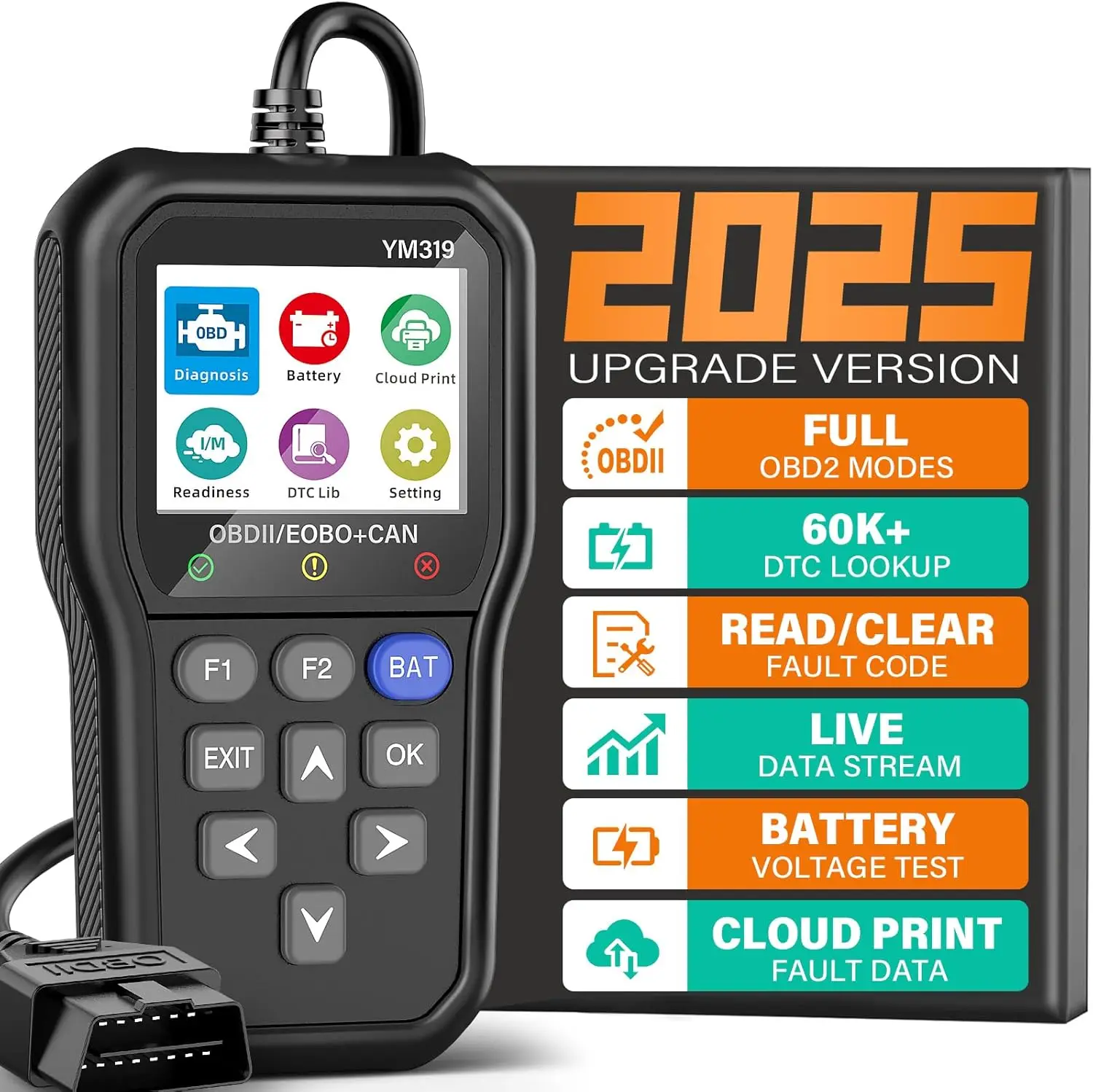 

YM319 OBD2 Scanner with Battery Tester, DTC Reader, Live Data, Cloud Printing for All OBDII Cars 1996+