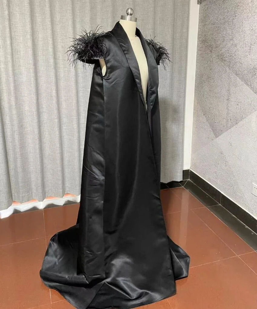 Satin cloak Sleeveless Long Jacket Floor Length Elegant Outfit With Feather custom size