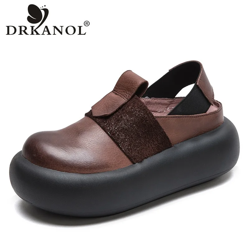 DRKANOL Luxury Design Genuine Leather Sandals Women Thick Bottom Flat Platform Round Toe Shoes Summer Retro Style Roman Sandals