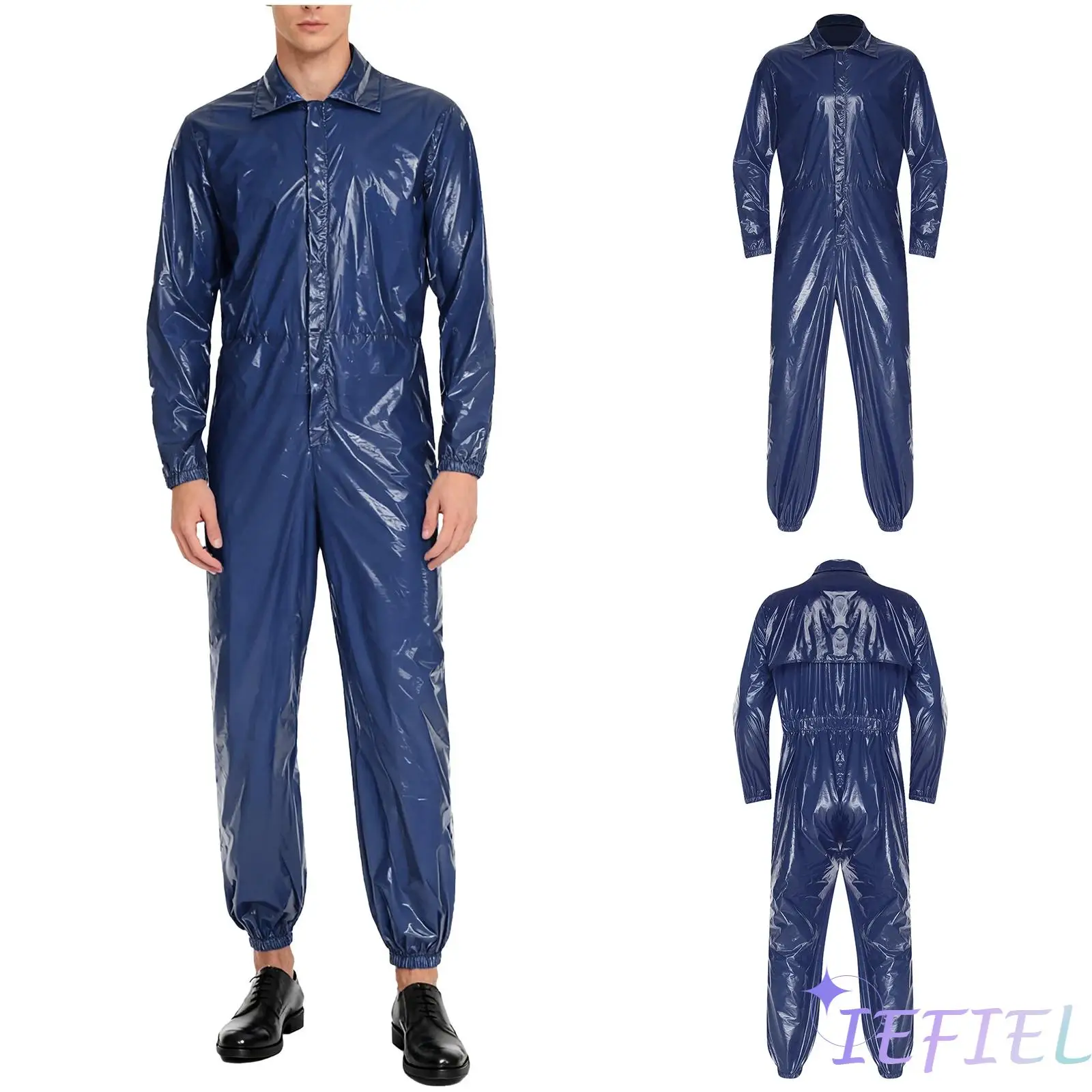 

Men Reflective Strips Water Resistant Coveralls Stand Collar Long Sleeve Elastic Waist Zipper Jumpsuit Waterproof Clothing