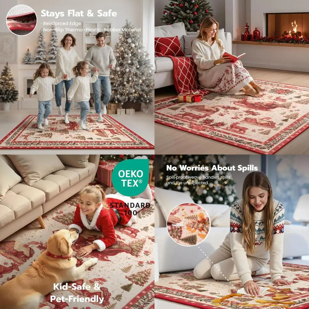 

Large 5'x7' Vintage Christmas Tree Rug with Santa for Living Room, Non-Slip, Washable, Rubber Backed, Soft and Suitable for Bedr