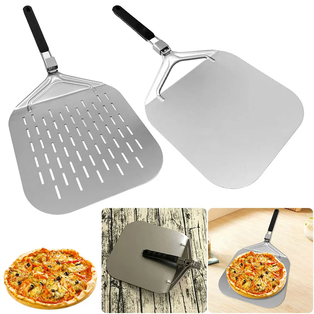 Stainless Steel Rectangular Pizza Shovel with Foldable Handle Perforated Pizza Paddle Non-Stick Multi-function for Pizza Bread