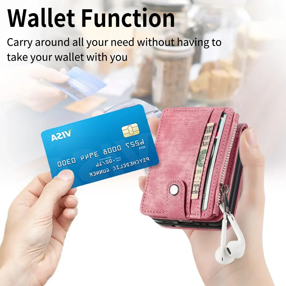 Galaxy Z Flip 6 Wallet Phone Case with Removable Card Holder for Samsung Z Flip 5 4 3 Flip5 Flip4 Flip3 5G Faux Leather Cover