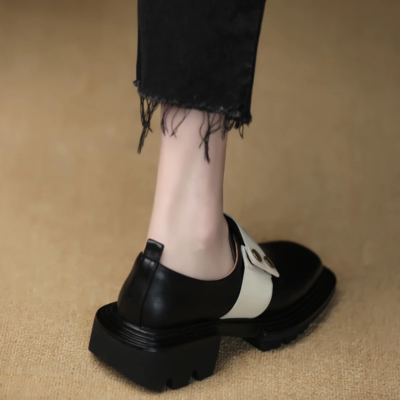 Thick Sole Dress Prom Career Shoes Square Toe Leather Women Shoes Spring Autumn Cowhide Med Heel Loafers Woman Platform Shoes