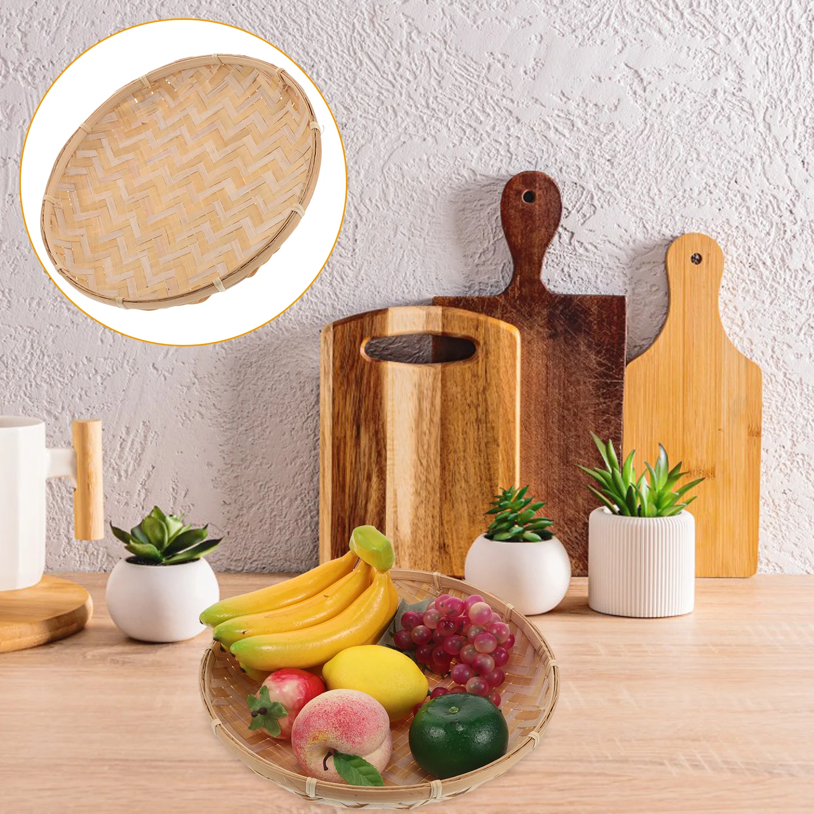 

1pcs Bamboo Serving Tray Round Woven Storage Basket For Fruits Snacks Bread Nuts Candy Sundries Organizer Kitchen Tea Party
