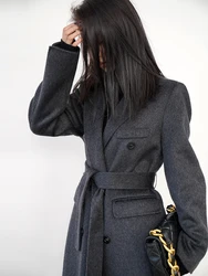 Women Double-sided Wool Jacket For Spring Autumn Winter Waistband Long Length Fashion Office Suit Woolen Coat Lace Up Dark Gray