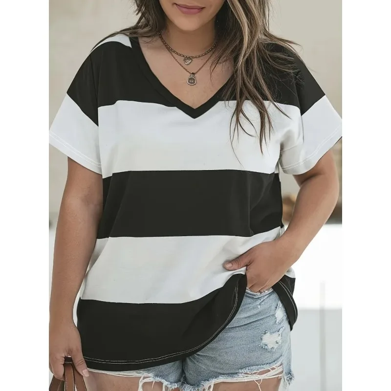 

Плюс размер 1XL-5XL. Новая летняя женская футболка с коротким рукавом и v-образным вырезом в полоску с графическим принтом, которую можно носить в всех сезонах.