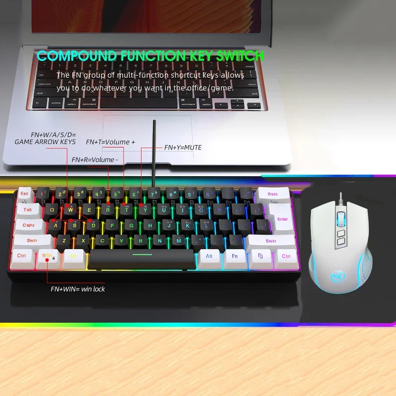 

Keyboard and mouse 60%RGB gaming pc usb combo backlit keyboards kit mini gamer wired key board and mouse set computer whiteblack