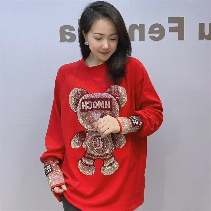 Cute Rhinestone Little Bear Long Sleeve T-shirt for Women Plus Size