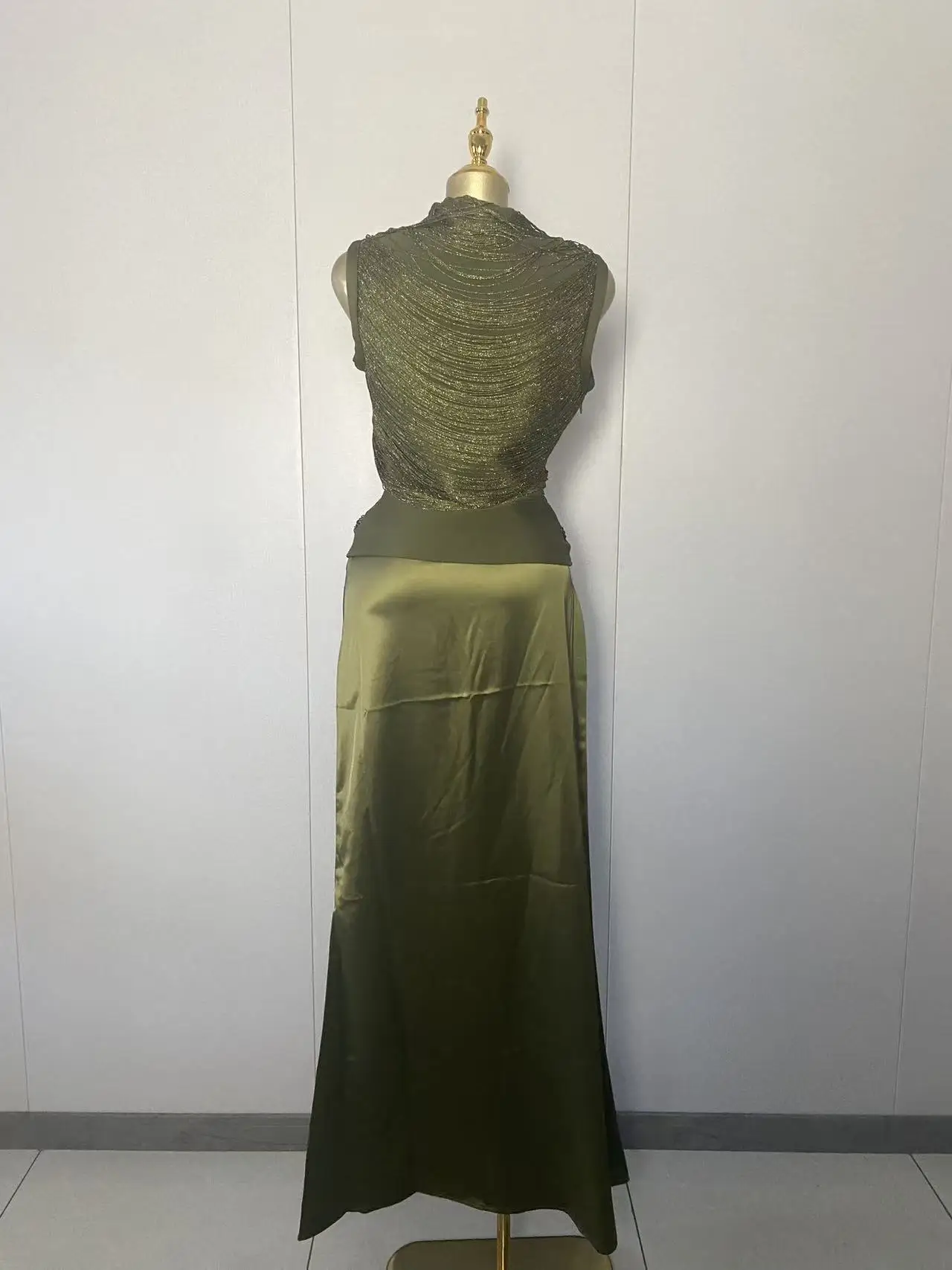 2025 New Women Sexy Sleeveless Tassel Tops Green Long Two Pieces Skirt Set Elegant Evening Club Party Outfits