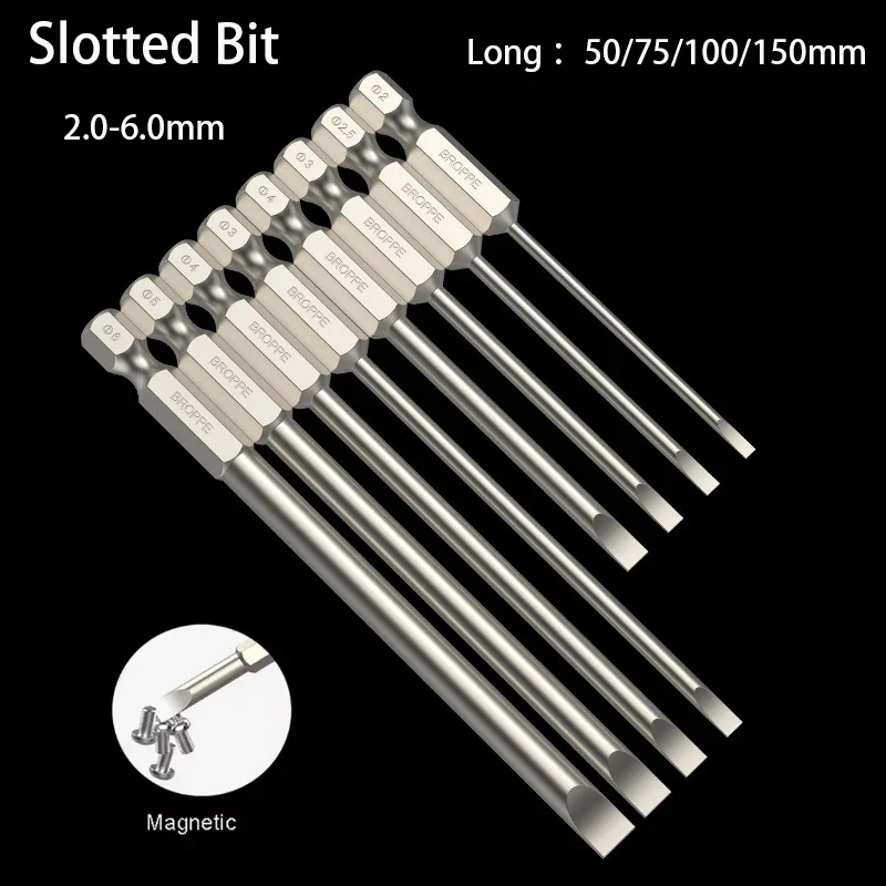 2.0-6.0mm S2 Steel Slotted Screwdriver Bit Magnetic Tip Screwdriver Flat Head Bits 1/4 Inch Shank Hand Tool L= 50/75/100/150mm