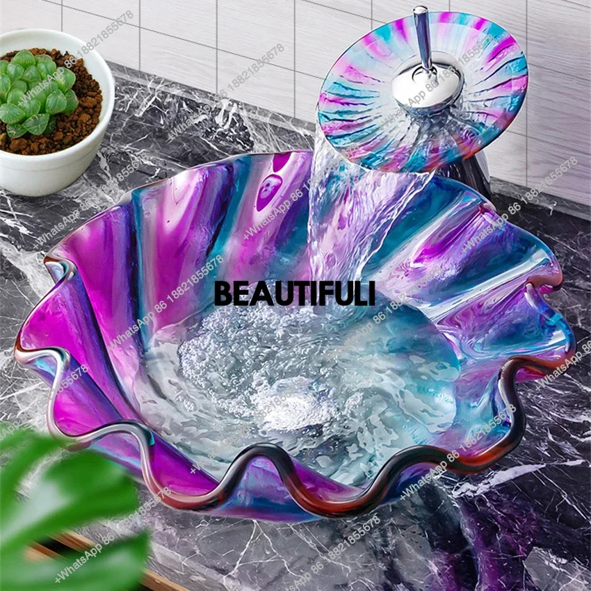 RR Hotel Above Counter Basin Washbasin Small Bathroom Tempered Glass Wash Basin Household Colorful Art Washbasin Sink Faucet Set