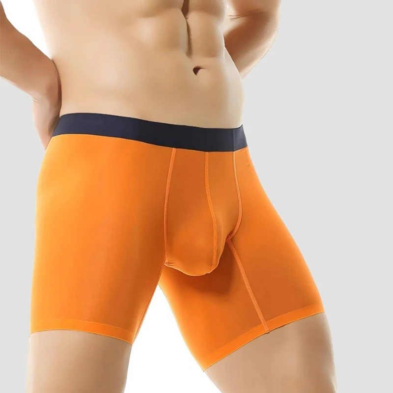 

Mens Ice Silk Underwear Ultra Thin Long Leg Boxer Shorts Breathable Pouch Design Comfort Transparent Compression Ropa Interior
