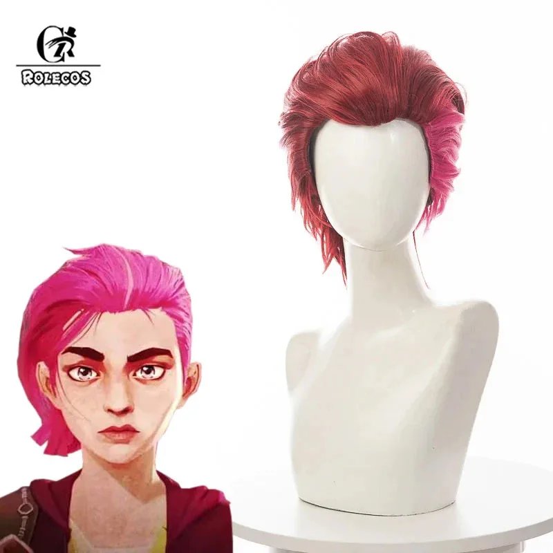 캔디 2025ROLECOS 합성 헤어 게임 LOL Arcane Childhood Vi 코스프레 가발 Jinx Vi 할로윈 30cm 레드 혼합 핑크 가발 Synthe