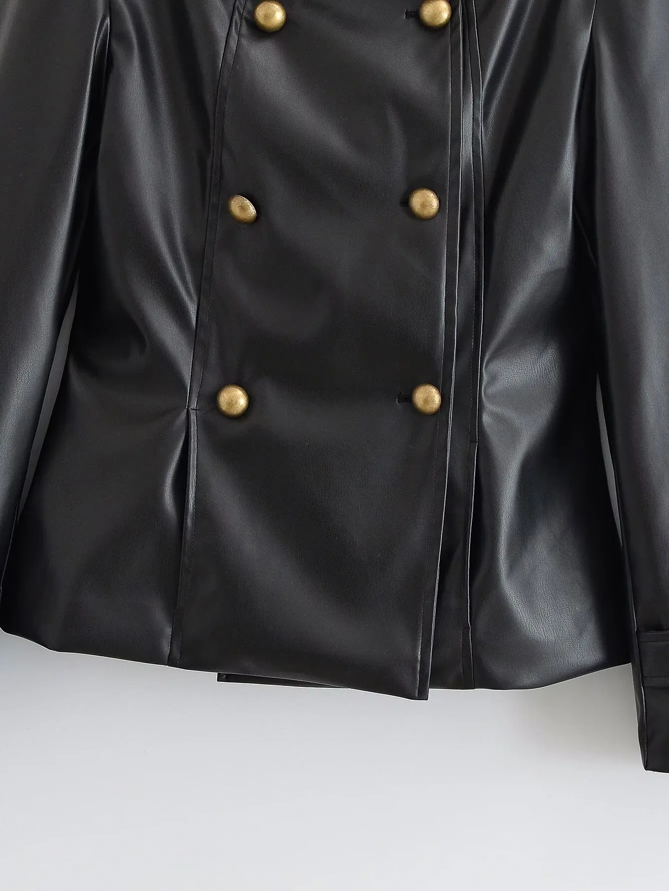 Women Stand Up Collar PU Jacket Chic Metal Buckle Faux Leather Black Jacket Leisure Double Breasted Long Sleeves Autumn Outfit