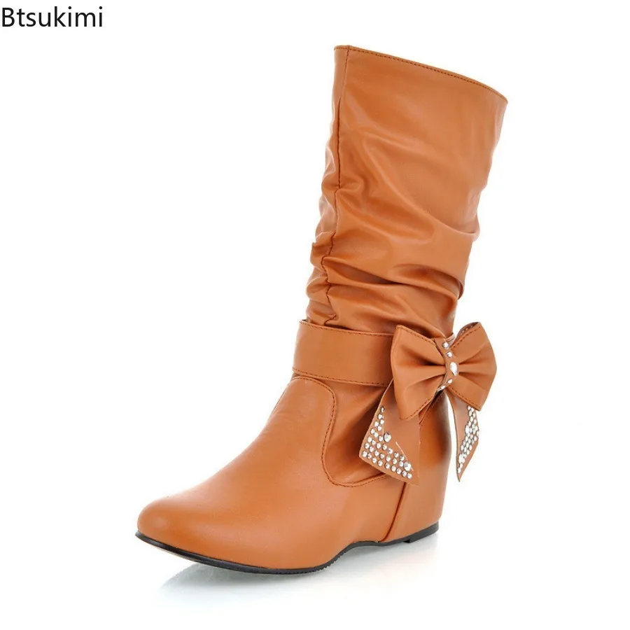 New Women's Butterfly-knot PU Fabric Boots Luxury Round Toe Wedge Shoes Rain Shoes Fashion Wedges Mid Calf Ladies Mid-Calf Boot view 5