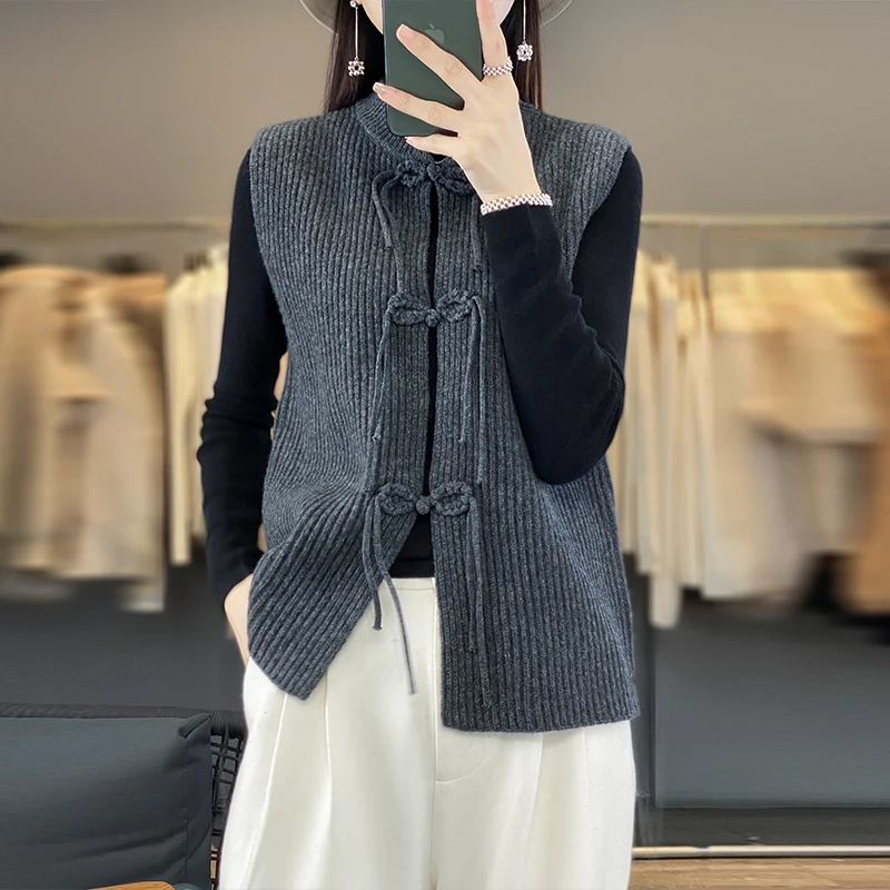 Women's Monochromatic Round Neck Cashmere Sweater, Sleeveless Vest, Wool Knitted Coat, Chinese Buckle, New, Autumn and Winter