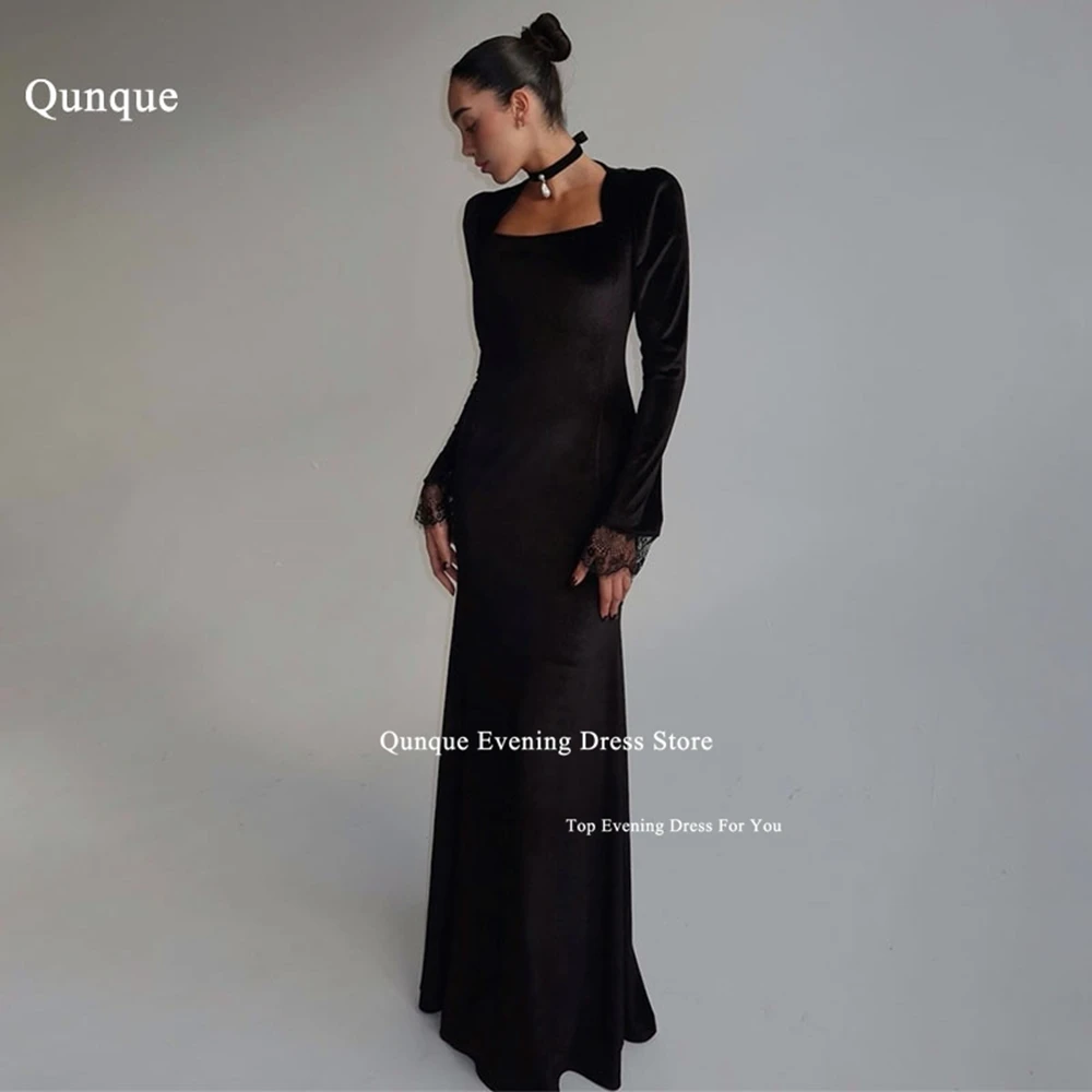 

Qunque Elegant Mermaid Prom Dresses Women's Cap Sleeves Lace Party Gown Black Floor Length Special Occasion Gowns Customized