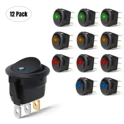 12Pcs Rocker Switch Toggle 12v SPST 3 Pins 2 Position ON/Off Blue LED Light Illuminated Boat Switch