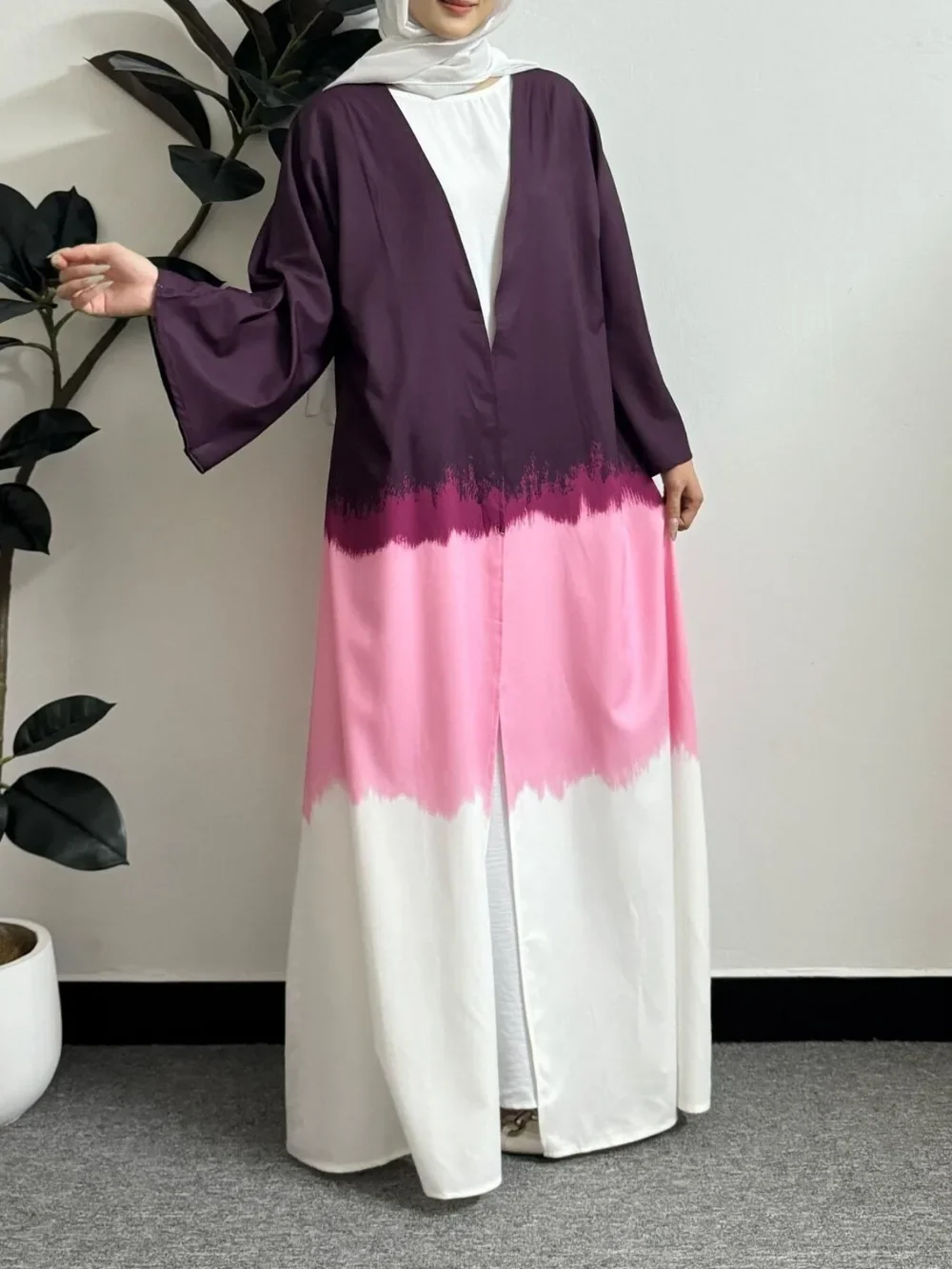 Ombre otwarty przód Abaya muzułmańskie abaje kobiety Jilbabs sweter Kaftan z długim rękawem Ramadan sukienki Maxi odzież damska