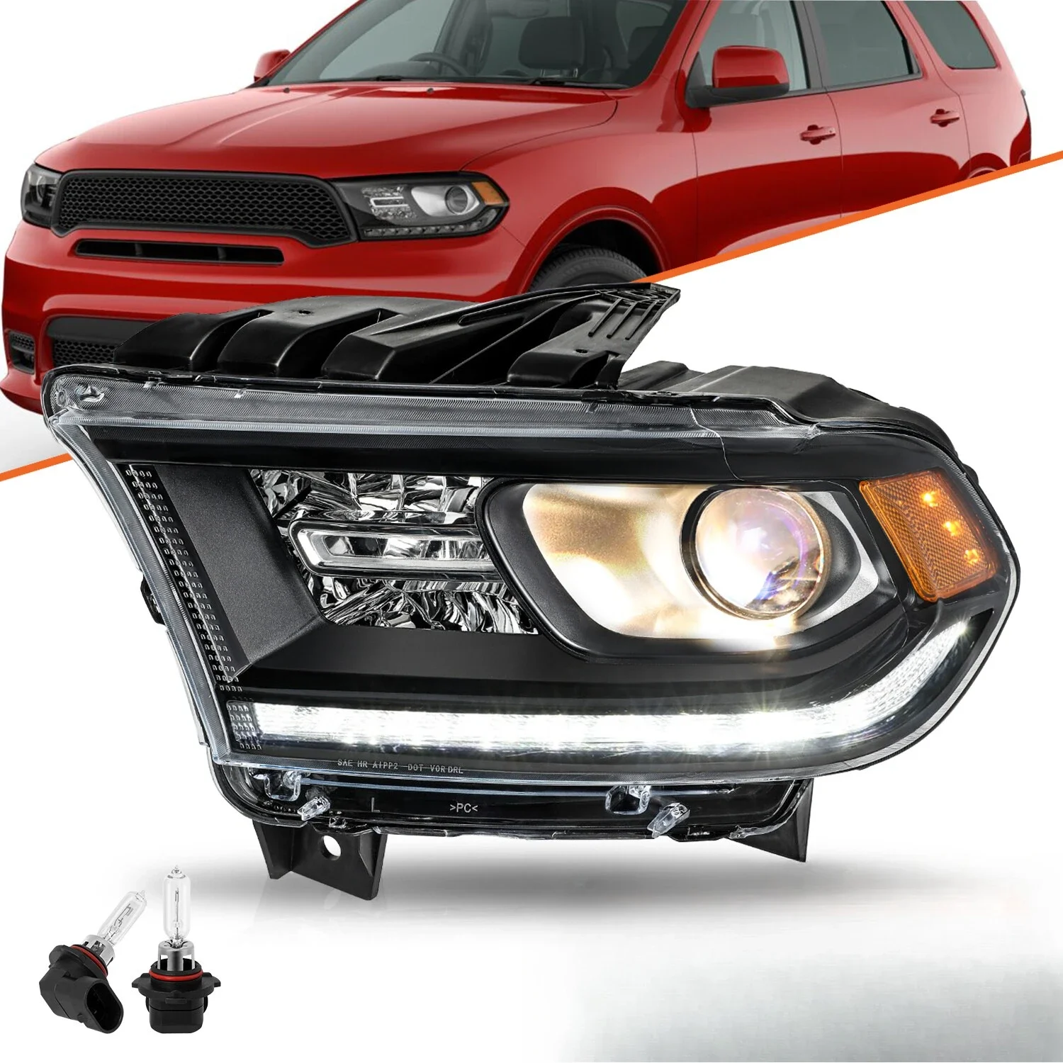 

Driver Left For 2014-2020 Dodge Durango Black Trim Halogen Headlight LED DRL