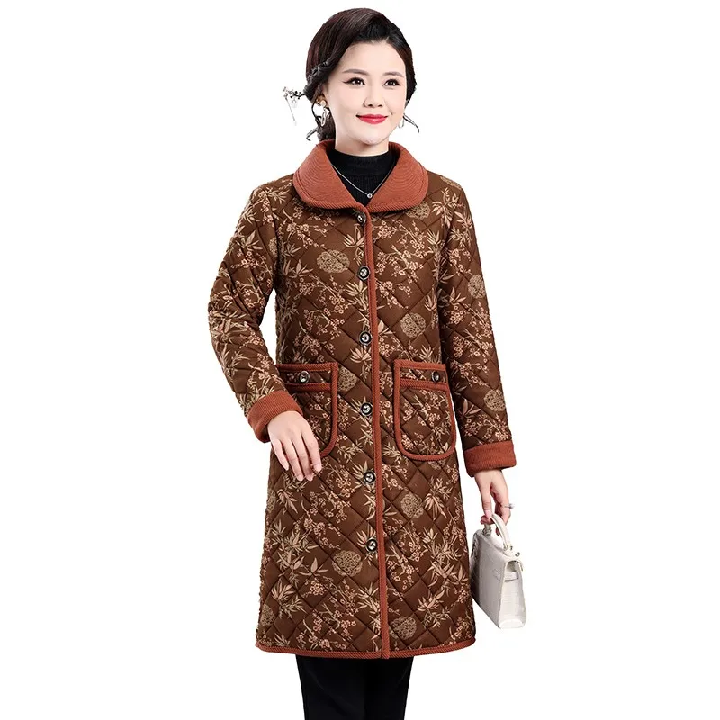 Fleece Jacket For Women Floral Cotton Coat Middle-Aged And Elderly Mothers Thick Medium Length Winter Outerwear