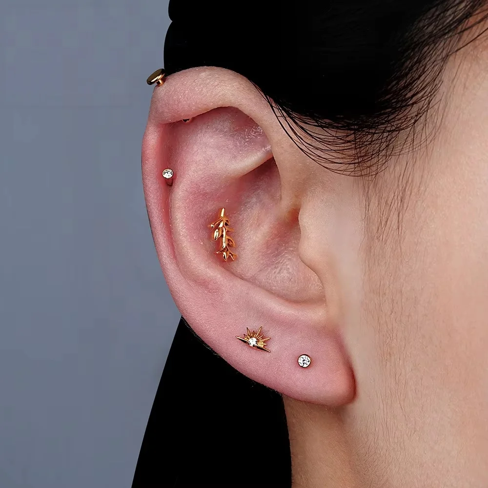 PIERCING ASTM F136 Titanium CZ Starburst Stud Earring 16G Sunrise Helix Stud Tragus Cartilage Labret Monroe Piercing Jewelry