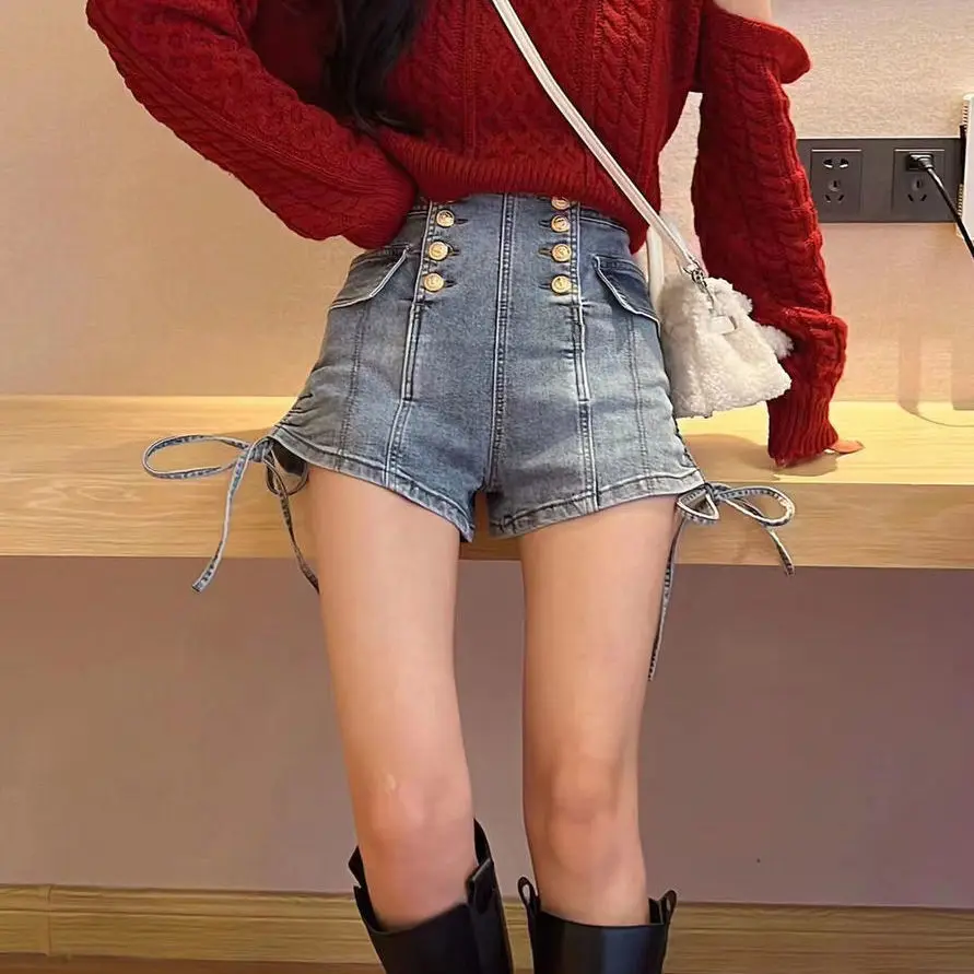 

Джинсовые шорты с высокой талией для женщин, летние, с двойной пуговицей, универсальные, модные, широкие, на завязках, А-силуэт, хит продаж