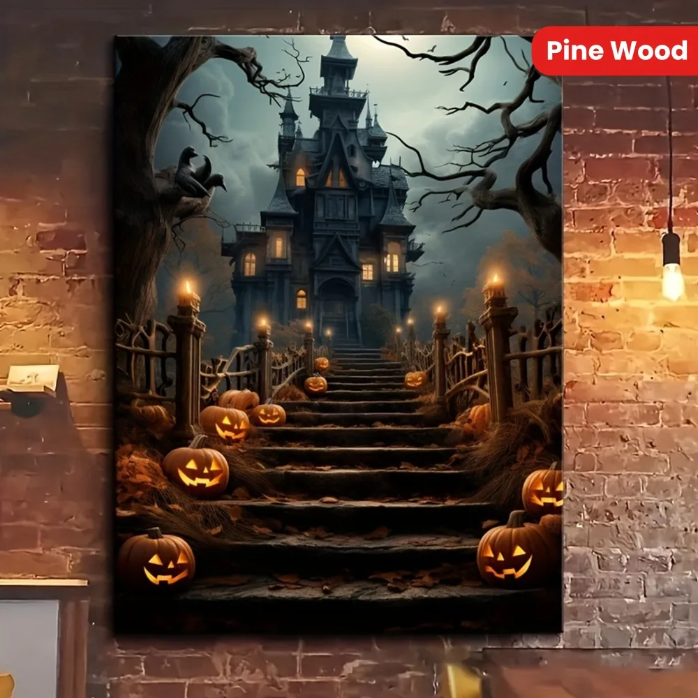 1.5 inch solid wood frame,Gothic Halloween horror pumpkin castle,suitable for dark preppy and rustic aesthetic hanging pictures.