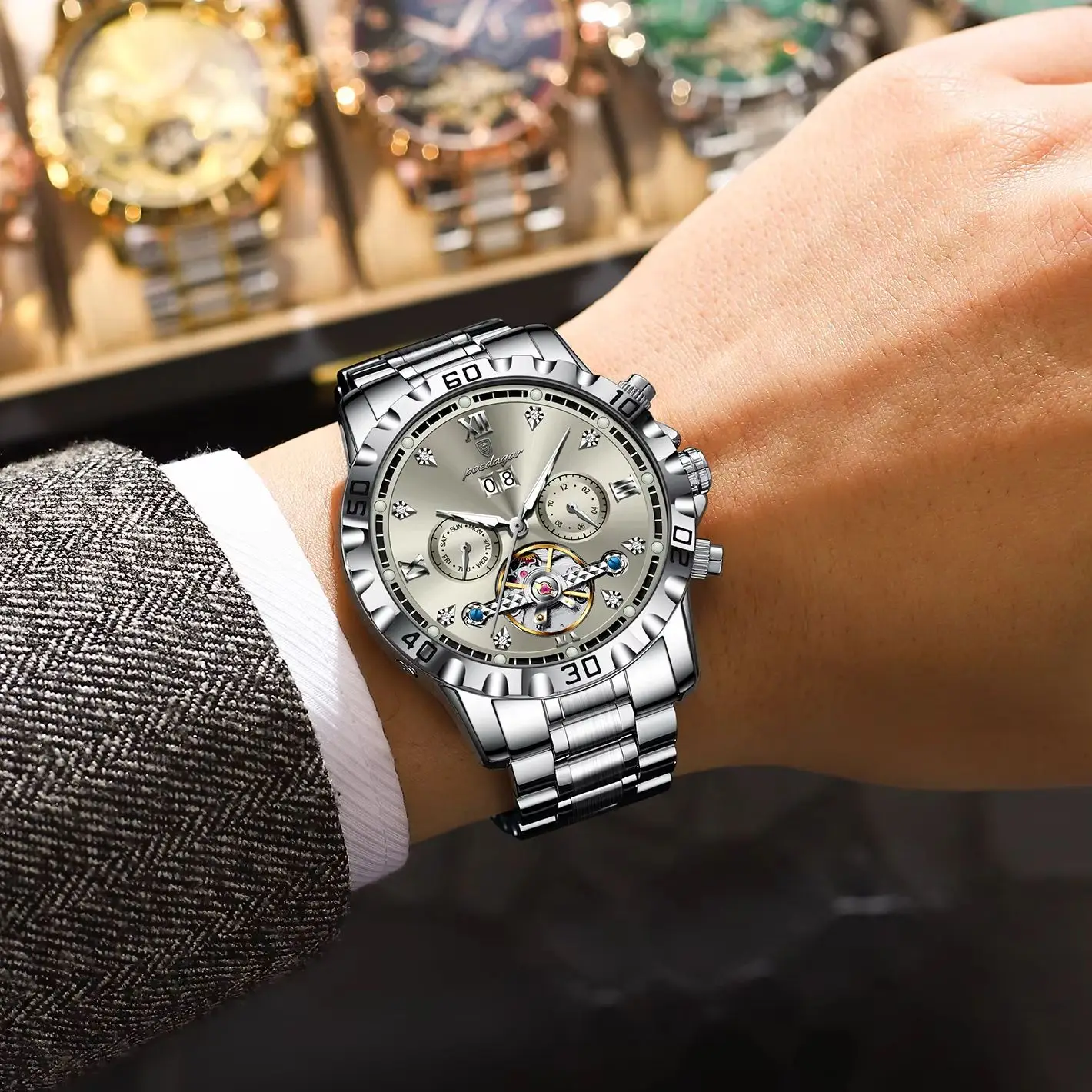 POEDAGAR Top Fashion Automatic Men Watch Date Week Man Clock Hollow Tourbillon Mechanical Stainless Steel Business Men's Watches view 6