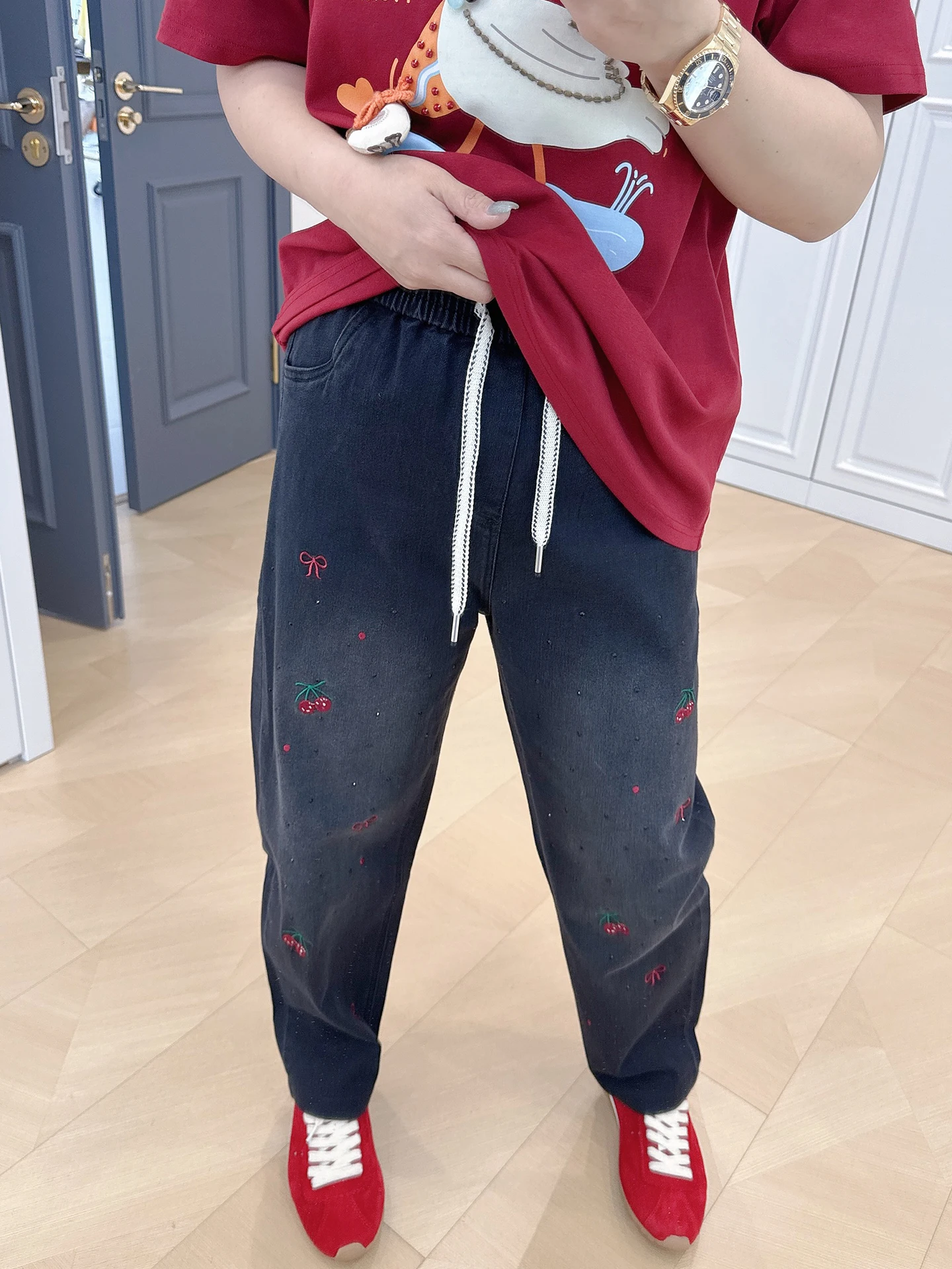 

Elegant Embroidered Harajuku Denim plus Size Women's Slimming Dad 200 Pounds Fat MM Elastic Waist Ankle-Length Pants