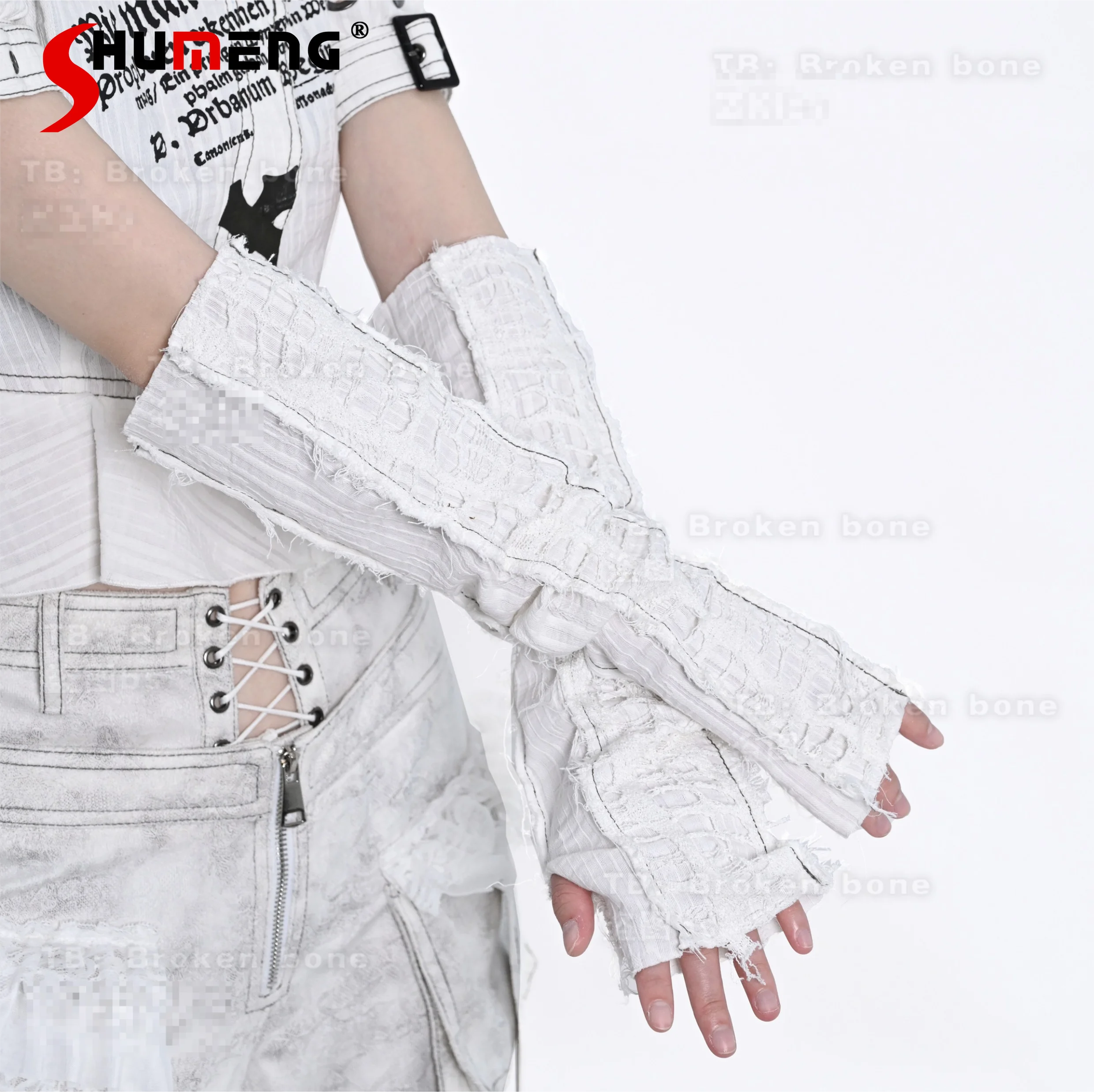 2024 Autumn New Fashion Original Subcultural Punk Style Old-fashioned Splicing Oversleeve Women All-Match White Y2k Arm Warmer