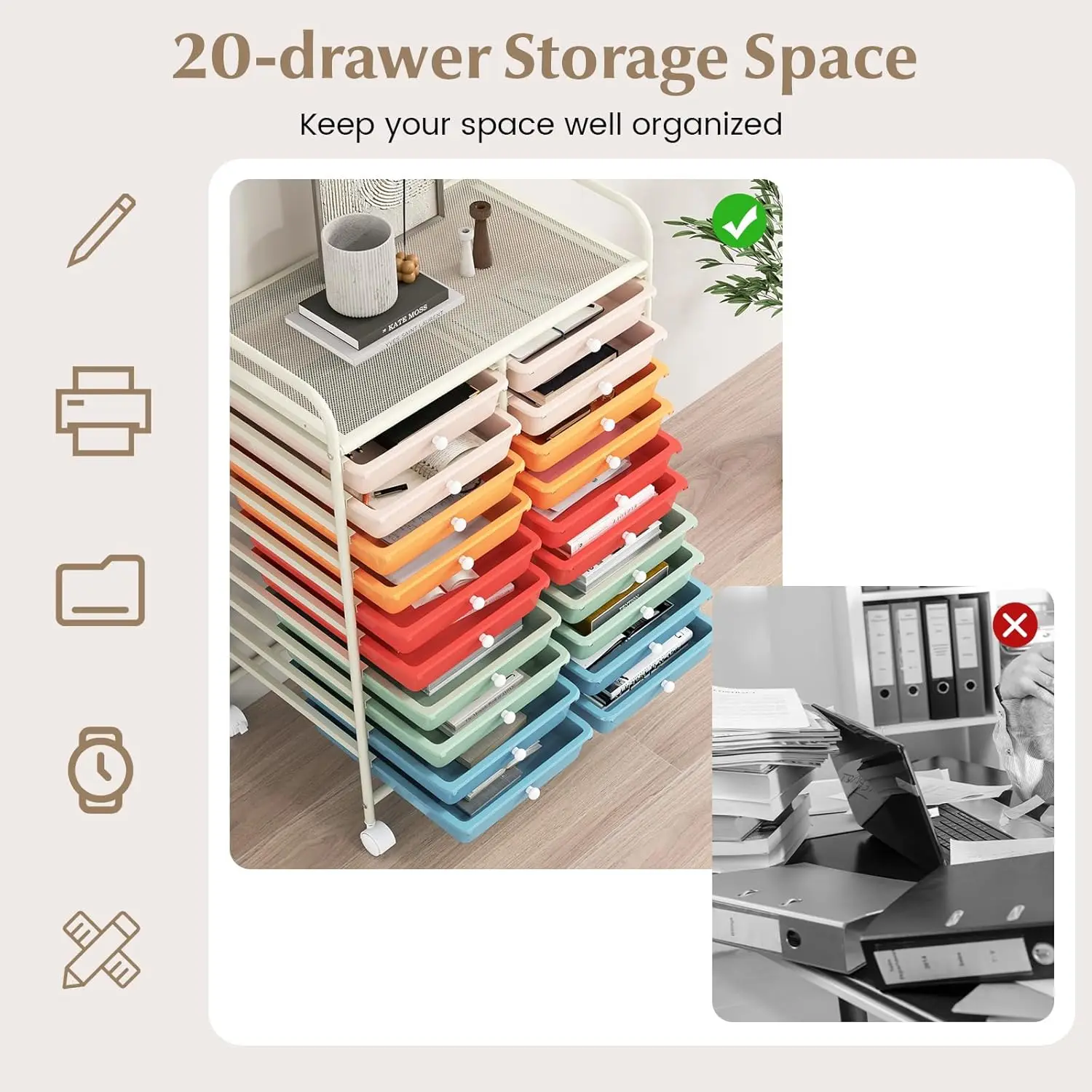 20-Drawer Rolling Storage Cart, Multifunctional Art Craft Organizer Cart, Mobile Utility Storage Cart with Removable Drawers