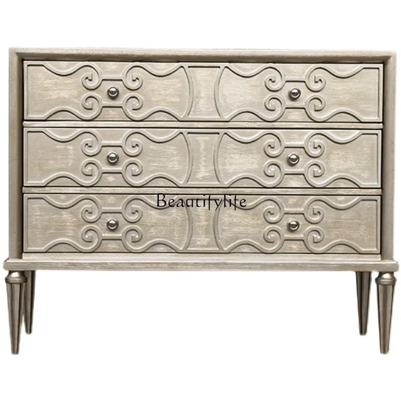 

FG44American Light Luxury Solid Wood Three-Bucket Cabinet Villa Home So Easy So Beauty Silver Distressed Entrance Cabinet