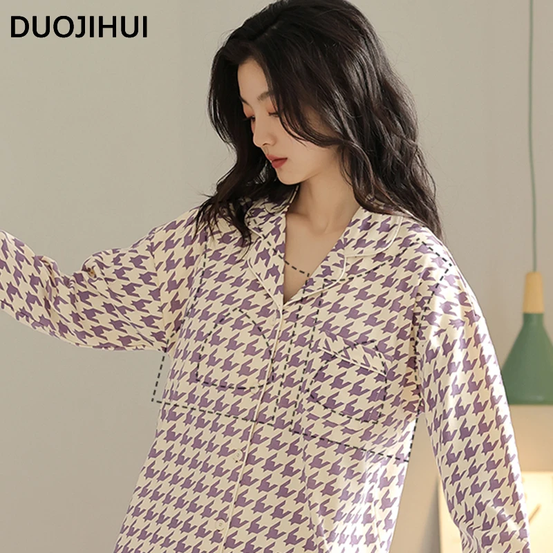 DUOJIHUI Two Piece Fashion Printing Casual Pajamas for Women Autumn with Chest Pad Cardigan Simple Pant Loose Female Pajamas Set